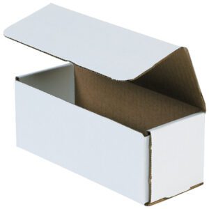 The MH-USA 8 x 3 x 3 White Corrugated Mailer, a white rectangular cardboard box from the bundle, is shown with its lid partially open. The box reveals its brown interior, is empty, and angled with the open side facing forward.
