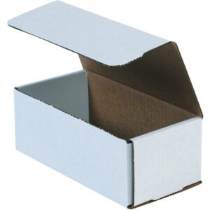The MH-USA 8 x 4 x 3 White Corrugated Mailers (50/Bundle) are featured with a partially open lid revealing a plain brown interior, displayed at an appealing angle against a white background to emphasize their clean, minimalistic design.
