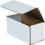 The MH-USA 8 x 4 x 4 White Corrugated Mailer from a 50/bundle set is shown with its lid slightly open, revealing the brown interior. It sits at a slight angle against a white background, highlighting its sturdy build.