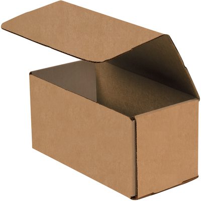 M844K.jpg An open cardboard box with one flap lifted reveals its interior. The 8 x 4 x 4 Kraft Corrugated Mailer, from a bundle of 50, is a plain brown rectangular container ideal for shipping or storage.