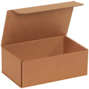 An open 8 x 5 x 3 brown box from the Kraft Corrugated Mailers (50/Bundle) reveals its empty interior, resting elegantly against a plain white background.