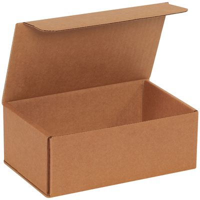 M853K.jpg An open 8 x 5 x 3 brown box from the Kraft Corrugated Mailers (50/Bundle) reveals its empty interior, resting elegantly against a plain white background.