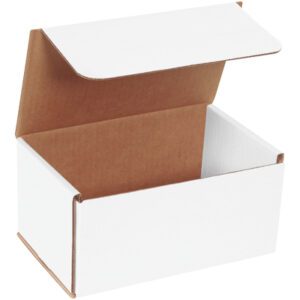 The MH-USA 8 x 5 x 4 white corrugated mailer from a 50-piece bundle is shown open, revealing its brown interior with a hinged lid. Its angled position highlights the sturdy design with an open top and one side.
