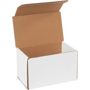 The MH-USA 8 x 5 x 5 white corrugated mailer, with a brown interior, is shown open against a plain backdrop. Its spacious inner chamber and sharp edges make it ideal for packaging or storage. Available in bundles of 50, its perfect for any shipping needs.