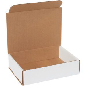 Open an MH-USA 8 x 6 x 2 white corrugated mailer with a brown interior and folded lid, available in bundles of 50, against a plain background.