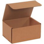 An 8 x 6 x 4 Kraft Corrugated Mailer from a 50/Bundle set is displayed with its lid open, showcasing its depth and structure. The empty boxs minimalist design and material are ideal for shipping or storage.