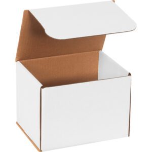 The MH-USA 8 x 6 x 6 White Corrugated Mailer from a 50-bundle offers crisp edges, a sleek raised lid, and a brown interior that complements its plain white exterior, suggesting simplicity and functionality.