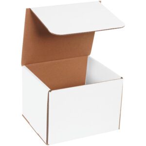 The MH-USA 8 x 7 x 6 white corrugated mailer, with a brown interior and partially open lid, stands against a plain background. Its simple design and sturdy structure highlight its suitability for packaging needs. Available in bundles of 50.
