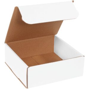 A side-angle view of an open, empty MH-USA 8 x 8 x 3 white corrugated mailer with a brown interior. The lid is partially open, showing the spacious interior. (50/Bundle).