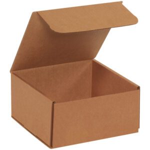 An open brown 8 x 8 x 4 Kraft corrugated mailer box with a raised lid reveals its empty interior. This plain box is perfect for packaging or storage and is sold in bundles of 50.
