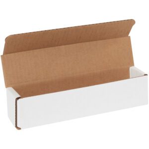 The MH-USA 9 x 2 x 2 White Corrugated Mailers (50/Bundle) stands open on a plain white background, revealing its brown interior.