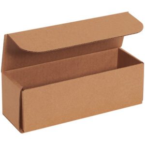 A brown, rectangular cardboard box with an open flap reveals its interior space. This 9 x 3 x 3 Kraft Corrugated Mailers (50/Bundle) is perfect for your packaging needs.