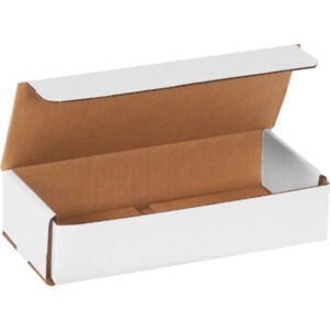 An open MH-USA 9 x 4 x 2 White Corrugated Mailer, with a brown interior, rests on a white background. The flaps are open to show the empty rectangular space, perfect for shipping or storage due to its sturdy design.