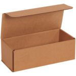 A brown open rectangular 9 x 4 x 3 Kraft Corrugated Mailer with its lid lifted shows an empty interior, set against a plain white background. Its ideal for secure shipping and available in bundles of 50.