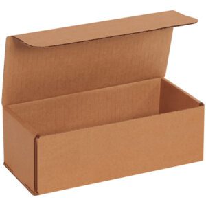 A brown open rectangular 9 x 4 x 3 Kraft Corrugated Mailer with its lid lifted shows an empty interior, set against a plain white background. Its ideal for secure shipping and available in bundles of 50.