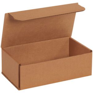 A brown rectangular cardboard box with an open lid shows an empty interior. This 9 x 5 x 3 Kraft Corrugated Mailer, simple and unadorned, is ideal for packaging or storage needs and is available in a convenient bundle of 50.