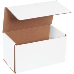 The MH-USA 9 x 5 x 5 White Corrugated Mailers, featuring a brown interior and slightly raised flap, highlight their open and empty structure.