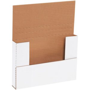 A white cardboard magazine holder, reminiscent of MH-USA 9 5/8 x 6 5/8 x 1 1/4 White Easy-Fold Mailers, features a tall back panel. Its brown interior and corrugated texture keep items upright in style.