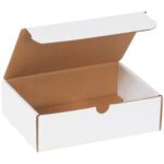 The MH-USA 9 x 6 1/2 x 2 3/4 White Literature Mailers come in a bundle of 50 and feature a sleek design with a white exterior and brown interior, offering an ample space ideal for packaging or shipping needs.