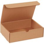 The 9 x 6 1/2 x 2 3/4 Kraft Literature Mailer with a hinged lid and easy-access notch is ideal for packaging or storage. Displayed on a clean, white background, this sturdy cardboard box comes open and empty, available in bundles of 50.