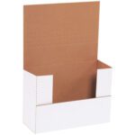 A white cardboard display box with a brown backboard designed for easy folding. The sides and bottom fold up, while the upright backboard features dashed lines—ideal for MH-USA 9 1/2 x 6 1/2 x 3 1/2 White Easy-Fold Mailers (50/Bundle).