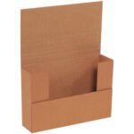 A brown cardboard display stand with an open front is ideal for brochures. It has a tall back panel, shorter side walls, and perforations for easy folding and assembly, similar to the 9 1/2 x 6 1/2 x 3 1/2 Kraft Easy-Fold Mailers (50/Bundle).