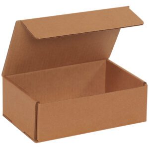 A 9 x 6 x 3 Kraft Corrugated Mailer from the 50/Bundle set is shown slightly angled. The open, empty, and robust box on a white background is perfect for packaging or storage needs.