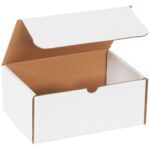 Open MH-USA 9 x 6 1/4 x 4 white literature mailer from a bundle of 50, featuring a brown interior and thumb-cut notch for easy opening. It sits angled on a plain background, showcasing its crisp edges. Ideal for your shipping needs.