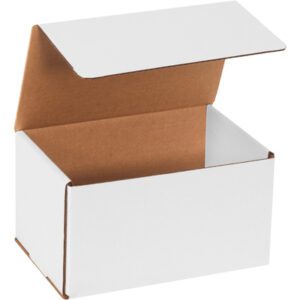 An open MH-USA 9 x 6 x 5 white corrugated mailer with a brown interior is displayed on a plain background, its flap lid slightly raised to show off its spacious and versatile packaging.