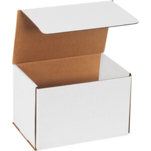 The image shows an MH-USA 9 x 6 x 6 white corrugated mailer with a brown interior and partially raised lid, emphasizing its spaciousness. Ideal for packaging or storage, this set is available in bundles of 50.