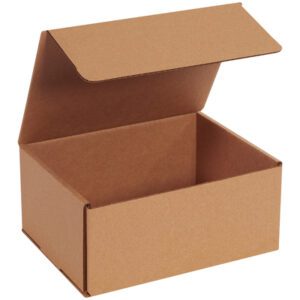 A partially open 9 x 7 x 4 Kraft Corrugated Mailer from a bundle of 50 sits against a plain white background, appearing empty but neatly constructed with clean edges.