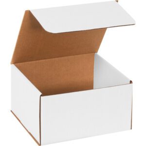 An MH-USA 9 x 8 x 5 white corrugated mailer with a brown interior is displayed open against a plain background. The lid is partially ajar, showcasing the roomy interior, perfect for packaging needs.