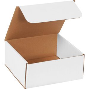 Open an MH-USA 9 x 9 x 4 white corrugated mailer with a flip lid, revealing its sturdy natural brown interior. Set against a plain white background, this versatile and spacious box is perfect for storage. Available as MH-USA 9 x 9 x 4 White Corrugated Mailers (50/Bundle).