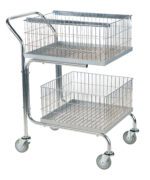 The Vestil Mail Cart-Double Tray-Basket 29X18X39 boasts a sleek silver two-tier design with wire baskets. Featuring swivel wheels and a curved handle, it combines practicality and style for easy maneuvering.