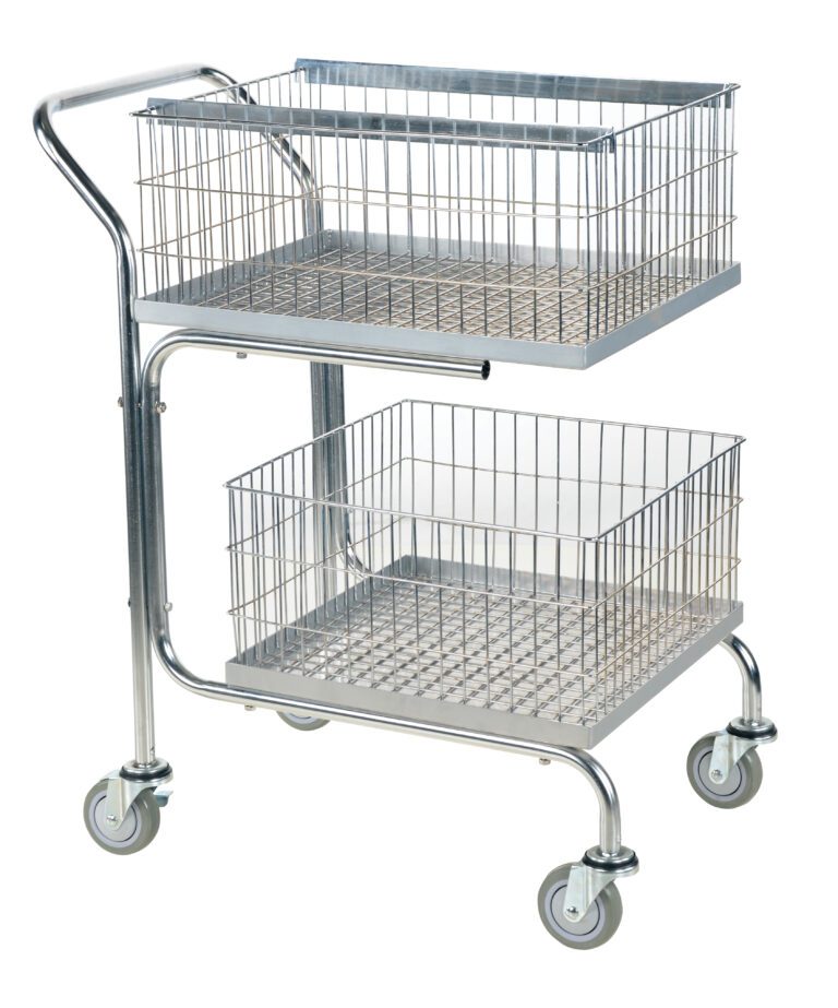 The Vestil Mail Cart-Double Tray-Basket 29X18X39 boasts a sleek silver two-tier design with wire baskets. Featuring swivel wheels and a curved handle, it combines practicality and style for easy maneuvering.