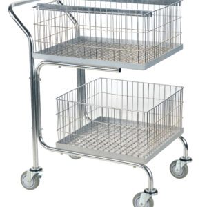 The Vestil Mail Cart-Double Tray-Basket 29X18X39 boasts a sleek silver two-tier design with wire baskets. Featuring swivel wheels and a curved handle, it combines practicality and style for easy maneuvering.