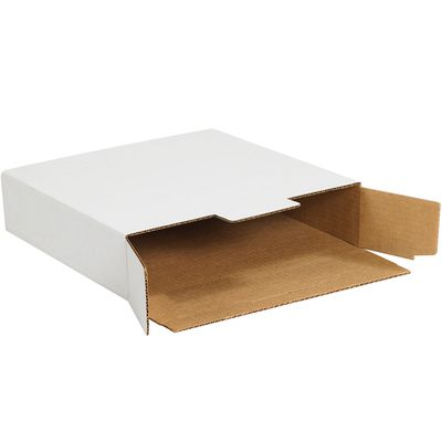 MAL1292.jpg An empty MH-USA 12 1/8 x 9 x 2 1/2 white side-loading locking mailer lies flat with a partially extended brown flap, displaying its interior and simple design against a plain white background.