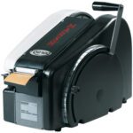 The Marsh® TD2100 Manual w/Heater Paper Gum Tape Dispenser is a sleek black and white tool with a turning handle, exposed brown tape roll, labeled markings, and a convenient lever for easy labeling operations.