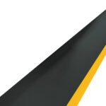 The image displays an artfully angled MH-USA 4 x 60 Black/Yellow Economy Anti-Fatigue Mat, resembling a long black conveyor belt with a yellow edge, set against a pristine white background.