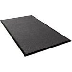The 3 x 16 Medium Gray Waterhog™ Mat has a textured, waffle-like pattern and raised border. Displayed on a white background, this rectangular mat combines black rubber with functional style.