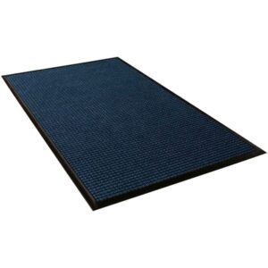 A rectangle-shaped 4 x 20 - Navy Waterhog™ Runner with a dark blue textured surface and black border is viewed from a slight angle.