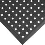 The MH-USA 3 x 5 Black Anti-Slip Drainage Mat, with interlocking segments and circular holes, provides a textured surface for grip and durability. Positioned diagonally in the frame, its perfect for slip prevention.