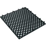 The 12 x 12 Black Lok-Tyle™ Drainage Mat, featuring a square, black rubber design with diamond-shaped openings and a textured surface, comes in a case of four tiles. Its edge connectors make it modular and interlockable.