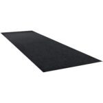 The MH-USA 3 x 10 Charcoal Economy Vinyl Carpet Mat is shown on a white background, highlighting its long rectangular shape with a smooth texture that subtly narrows into the distance, suggesting a uniformly flat surface ideal for any space.