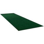 A rectangular green felt runner with darker edges looks like the MH-USA 4 x 60 Forest Green Economy Vinyl Carpet Mat, featuring a smooth surface and deep green hue for versatile indoor and outdoor use.