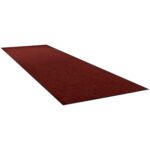 The MH-USA 4 x 60 Red Economy Vinyl Carpet Mat unfurls gracefully, forming a striking red carpet runner extending into the background.