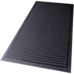 Check out the MH-USA 30 x 60 Black Bubble Mat, a durable, non-slip rubber mat featuring a sleek rectangular design with textured circular bumps and an elevated border for superior grip.