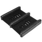 The Mud Chucker™ Shoe/Boot Scraper is designed in sleek black with three parallel brush sections and textured side frames, featuring surface bristles that effectively clean shoe soles.