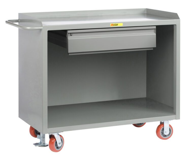 The Little Giant Mobile Bench Cabinets offer a gray metal design with a durable handle, open shelf, heavy-duty lockable drawer on top, and four red caster wheels for easy mobility.