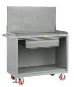 The Little Giant Mobile Bench Cabinet includes a gray workbench, perforated pegboard back, one drawer, and an open storage area. It has four red caster wheels and a side handle for easy maneuvering.